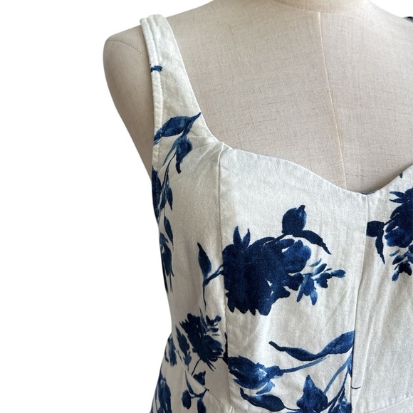 Blue and White Floral Fit & Flare Linen Blend Midi Dress Size Small Petite New - Picture 4 of 11